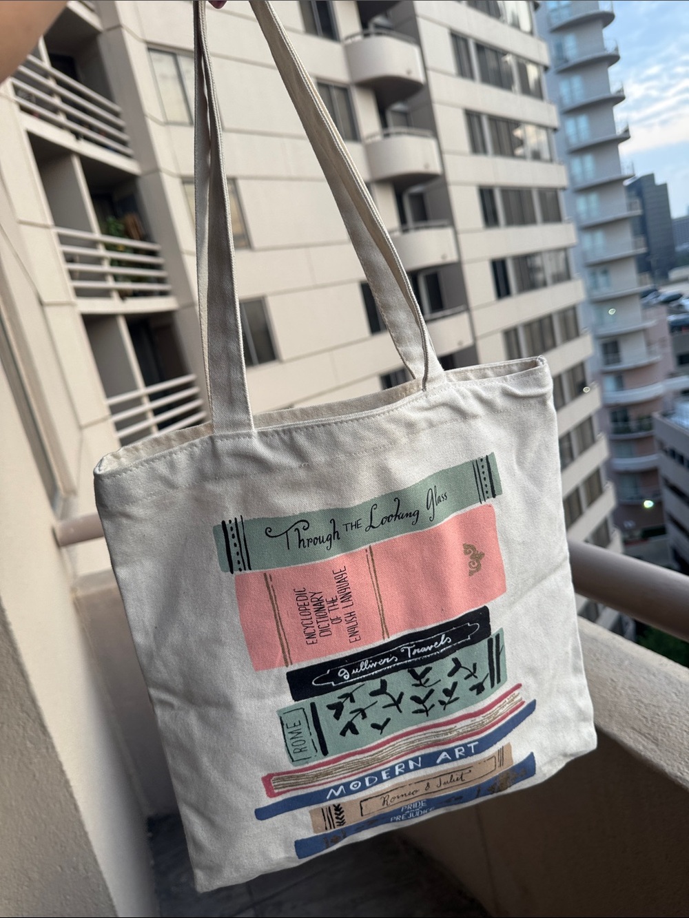 Canvas Book-Print Tote Bag in Cream - Picture 9 of 11